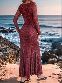 SHEIN VCAY 女式佩斯利复古印花 V 领长袖半透明连衣裙 - 紅色 - 查看 4