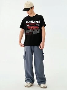 SHEIN Tween Boys Crew Neck Short Sleeve Racing Car Printed Print T-Shirt - Black - View 5