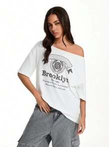 SHEIN Unity Camiseta holgada de cuello redondo con estampado vintage de talla grande - Blanco - Ver 7