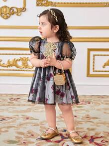 SHEIN Babygirl 黑色花卉网眼短袖夏季连衣裙 - 彩色 - 查看 5