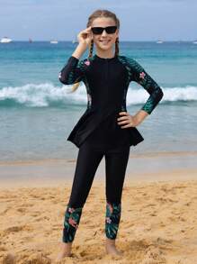 Tween Girls Coconut Palm Print Zipper Swimwear With Pants, Casual Beach Vacation Summer Holiday