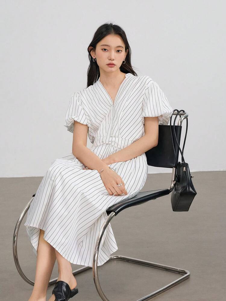 Casual Business Plaid V-Neck Puff Sleeve Waist Fit & Flare Midi Dress For Women Sundress