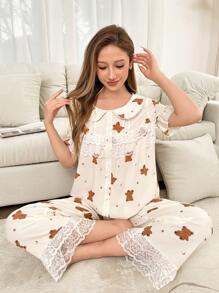 可爱熊图案蕾丝荷叶边女式睡衣套装 - 杏色 - 查看 6