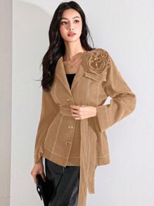 Heiryn Chaqueta casual y elegante hecha a mano, versátil, con decoración floral 3D en bloque de color, adecuada para la oficina y el trayecto - Caqui - Ver 2