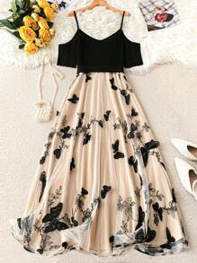 SHEIN Clasi Plus Size Women 3D Butterfly Embroidery Mesh Color Block Tie Waist Off Shoulder Slip Dress, Spring/Summer Holiday - Multicolor - View 2