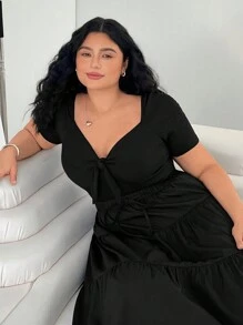 SHEIN EZwear Set de 2 piezas blusa con moño y falda larga talla grande en color negro - Negro - Ver 4