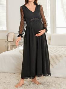 Moonlight&Mama Polka Dot & Mesh Patchwork See-Through Long Sleeve V-Neck Waisted Maternity Nightgown - Black - View 4