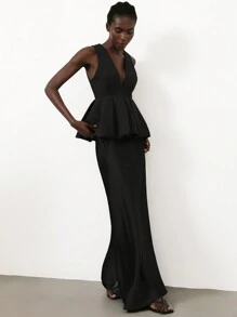 Aveloria Modichic 优雅无袖荷叶边下摆衬衫，收腰设计，专业又时尚 - 黑色 - 查看 4