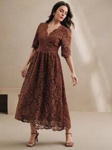 Anewsta Elegante abito lungo con scollo a V, balze, maniche a metà, stampa paisley e fiori, semi-trasparente, vita stretta, adatto per Capodanno, San Valentino, vacanze estive in spiaggia - Castano - Visualizzare 6