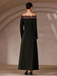 Aveloria Modichic 黑色对比色蕾丝露肩单排扣翻盖口袋优雅精致长袖连衣裙 - 黑色 - 查看 6