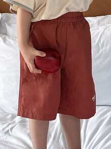 DAZY Young Boy Letter Print Elastic Waist Pocket Casual Shorts - Red - View 4