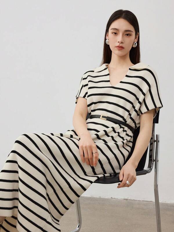 Dazy-Less Vestido de suéter de punto recto con bloqueo de color y cuello en V para mujer, atuendo de negocios casuales, atuendo de maestro