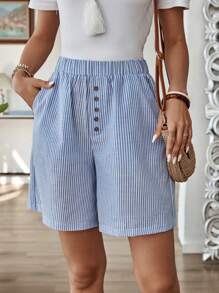EMERY ROSE 中腰百慕大短裤，纯色，侧袋，宽松，膝盖长度，基本款式 - 藍白色 - 查看 3