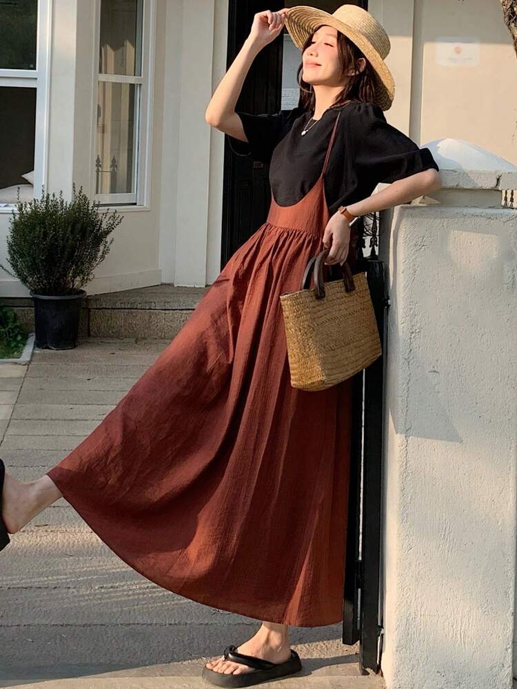 2 Pieces Women's Solid Color Camisole Dress With Short Sleeve Top