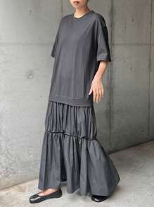 FRIFUL 女士灰色连衣裙，撞色下摆，圆领短袖，夏季服装，荷叶边 - 灰色 - 查看 2