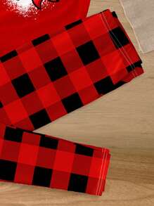 SHEIN Leap Crew Tween Girl 心形和格子图案休闲短袖休闲套装，罗纹面料贴身家居服，适合春夏季、情人节 - 彩色 - 查看 4