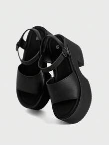 Sugerpunk Women's Open Toe Thick Sole Flat Heel Strap Clogs Sandals, Simple Casual Summer Shoes, Fashionable Ankle Strap Wedge High Heels Spring Break Easter For Christmas - Black - View 6