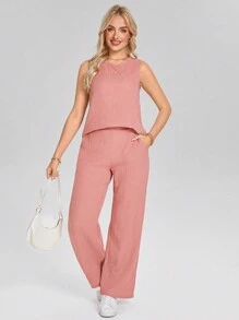 SHEIN LUNE Women Crew Neck Sleeveless Textured Camisole Top + Elastic Waist Double Pocket Casual Pants,Two Pieces Summer Set - Dusty Pink - View 5