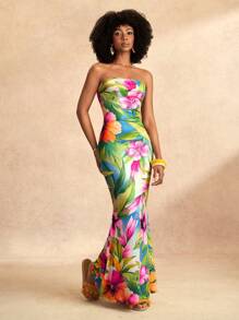 Zivah 休闲度假抹胸满花印花紧身鱼尾连衣裙女装-C - 彩色 - 查看 6