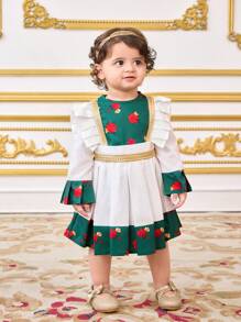 SHEIN Babygirl Summer Colorblock Floral Print Casual Dress - Green - View 4