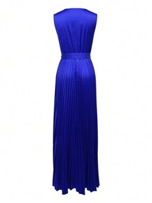 Women's Retro Modest Elegant Solid Color Pleated Hem Dress - Blue - View 2