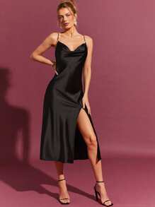 L'Amorae Women's Elegant Minimalist Chain Strap Camisole Dress - Black - View 1