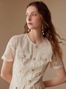 MOTF FASHIONABLE POINTELLE DECOR ROUND NECK FITTED SHORT SLEEVE MINI DRESS