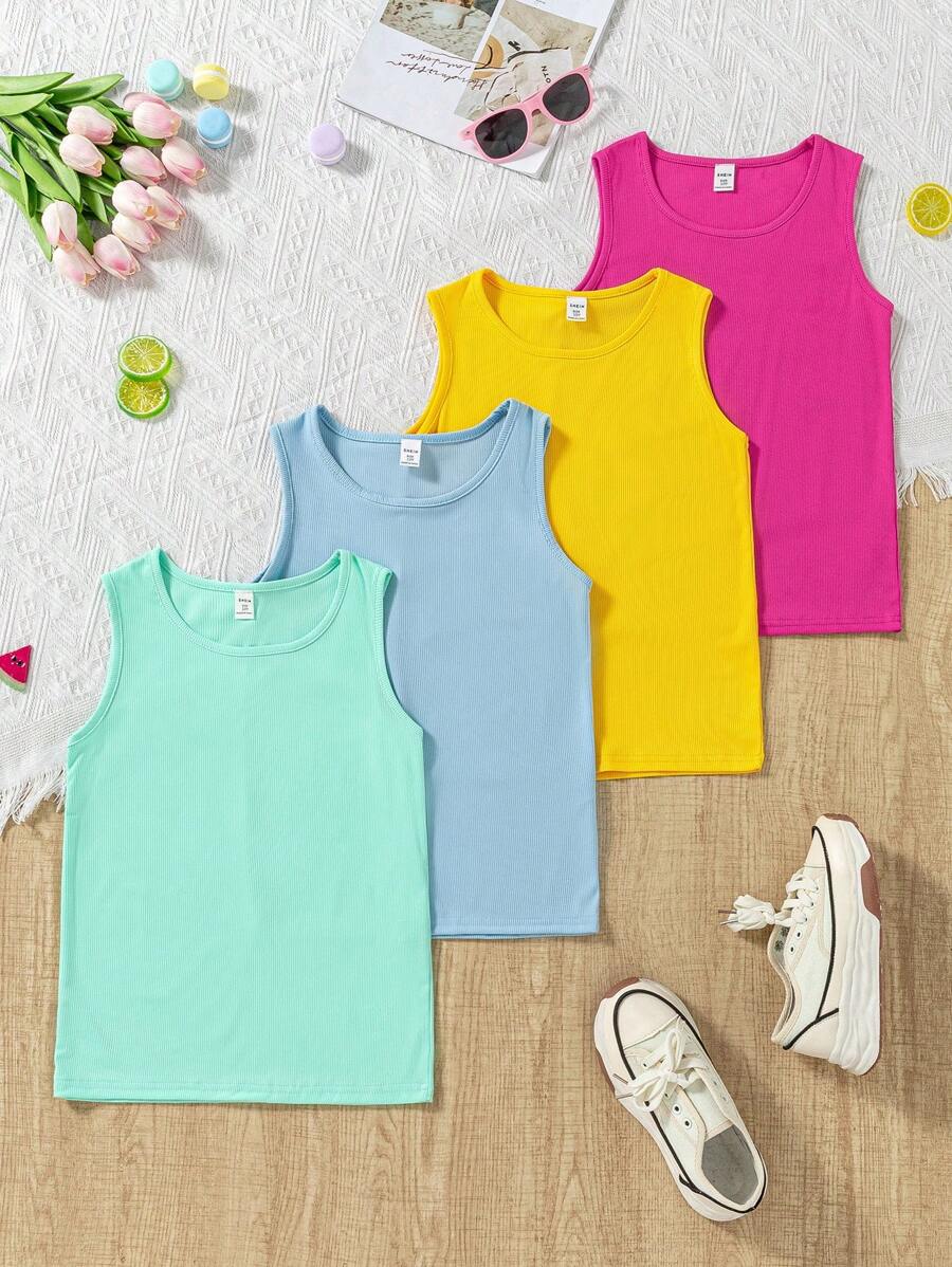 Sparklyn Tween Girl 4-Pack Basic Solid Color Ribbed Camisoles, Casual Everyday Wear, School, Campus, College - Multicolor - View 1