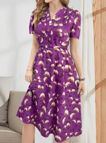 EMERY ROSE Elegant Casual V-Neck Tie Waist Short Sleeve Midi Dress For Women