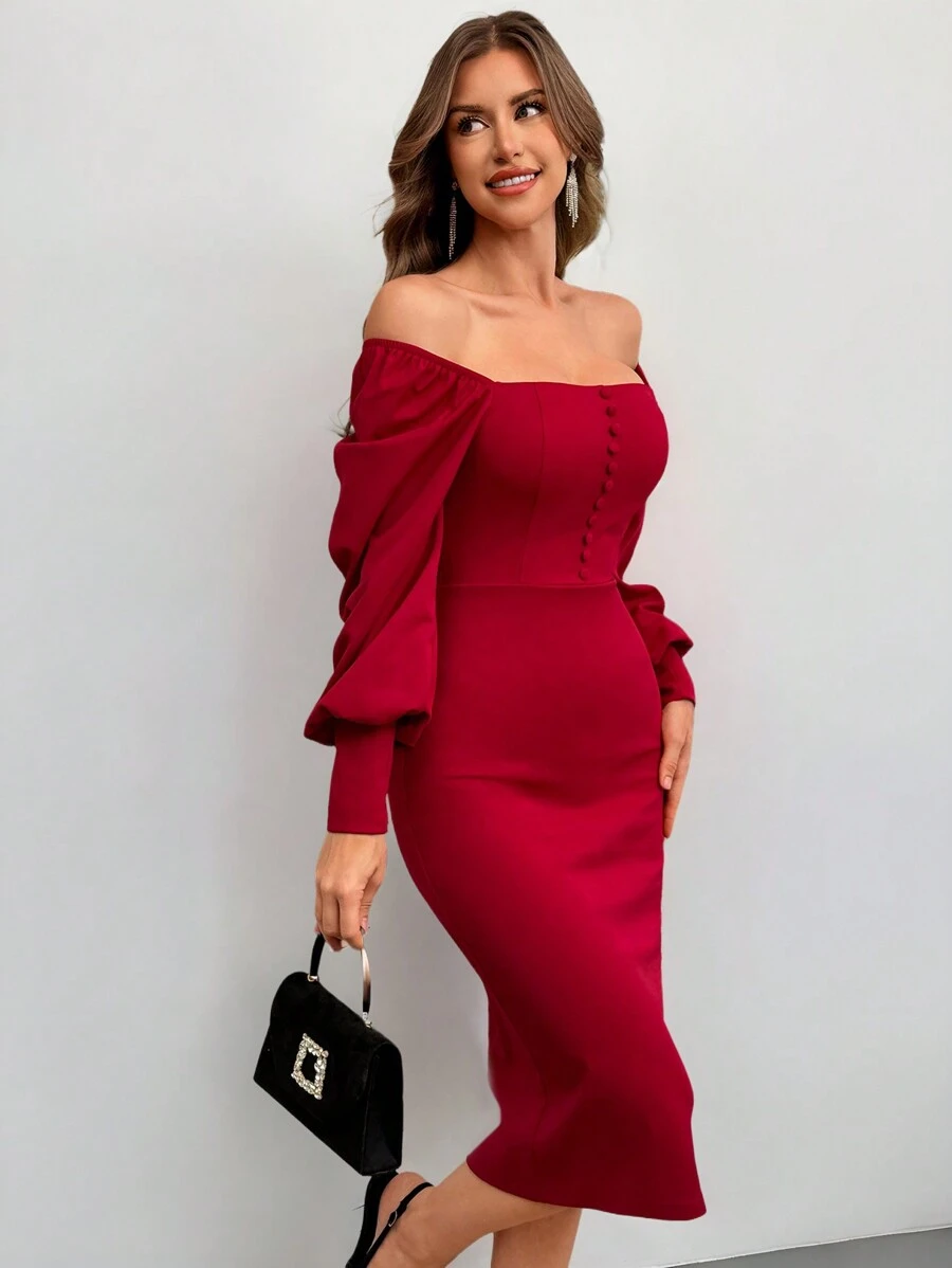 Firerie Đầm midi tay bồng màu đỏ thanh lịch cho nữ đi làm