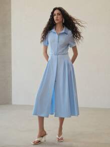 MOTF PREMIUM VÁY SƠ MI NẾP NẾP CẮT NÚT - Màu xanh lam - Xem 6