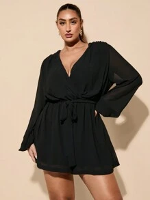 SHEIN BAE 大码女式优雅甜美派对连体衣，黑色重叠深 V 领松紧腰宽松长袖，适合狂欢节、海滩、度假、返校、通勤、时尚、日常穿着、约会、派对