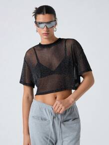 SHEIN EZwear 夏季黑色閃爍網眼透視短袖上衣 - 黑色 - 查看 4