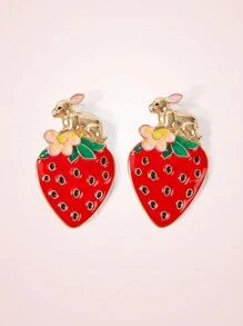 SHEIN MOD Pendientes de tuerca de aleación con esmalte con diseño de fresa y orejas de conejo - Multicolor - Ver 4
