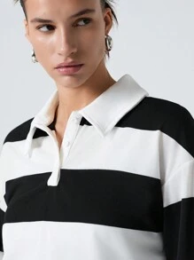 Muchica Button Half Placket Colorblock Tee - Black and White - View 6