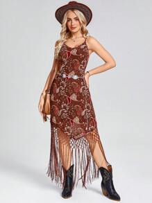 SHEIN LUNE Vestidos largos para mujeres, ropa western para mujeres, conjunto de atuendo para conciertos de música country, Mardi Gras, vestimenta western para mujeres, conjunto de atuendos para conciertos de música country - Marrón - Ver 3
