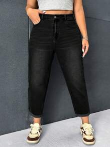 SHEIN ICON 大碼休閒修身錐形牛仔褲，洗水色 - 黑色 - 查看 4