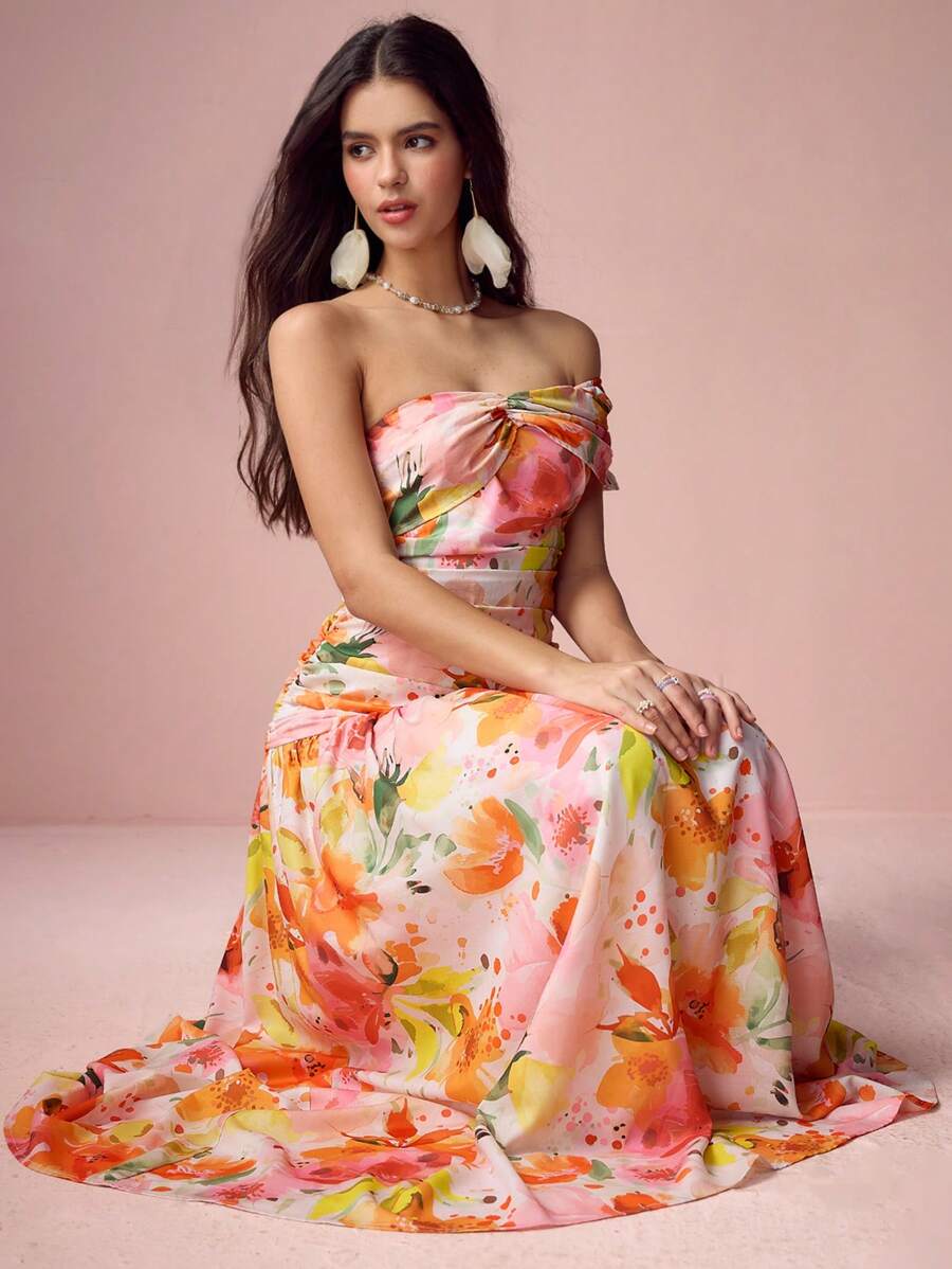 Enchnt 女士优雅花卉印花褶皱连衣裙，度假连衣裙 - 橘色 - 查看 1