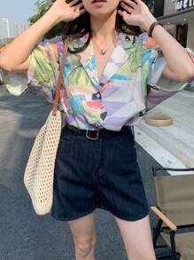 DAZY 女士全幅印花短袖休闲衬衫 夏季复活节 - 彩色 - 查看 5