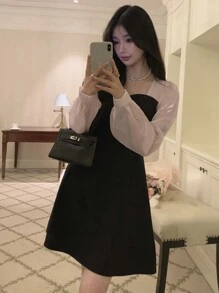 DAZY Women's Color Block Casual Elegant Korean Style Long Sleeve Midi Dress