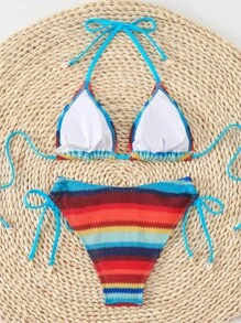 Slaydiva Women's Striped Halter Tie-Back Beachwear 2 Pieces Bikini Swimwear Set, For Summer Vacation - Multicolor - View 5