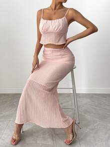 SHEIN Unity 2pcs/Set Women's Casual Solid Color Cropped Camisole And Fishtail Hem Skirt Set - Pink - View 6