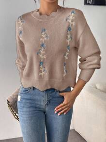 Chiquease Loose Knit Top With White Lace Collar, Embroidered Design, Suitable For Autumn/Winter