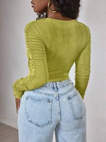 BamGleam Women's Ruched Long Sleeve Cropped Top, Casual & Vacation Wear Fall Cloth For Women - Olive Green - View 2