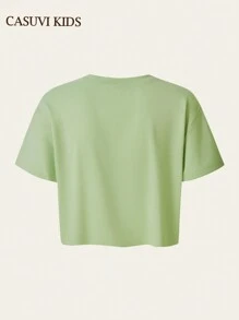 SHEIN 1 pezzo Maglietta verde casual e chic da ragazza, versatile, con spalle scoperte, collo rotondo e maniche corte, adatta per la primavera/estate