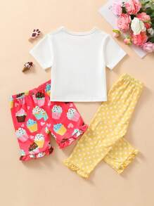 SHEIN 3pcs/Set Baby Girls' Cute Ice Cream Print Short Sleeve Top, Long Pants And Ruffled Cuffs Home Outfit Set - Multicolor - View 2