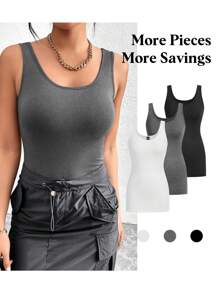 SHEIN Essnce 3pcs Women Long Knitted Camisole, White Grey Black Everyday Summer Casual - Grey - View 14