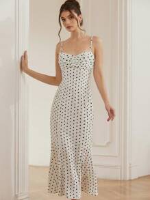 Aveloria Rosie Vestido de cola de pez con cintura fruncida, elegante y romántico estilo francés, con puntos negros y blancos para mujeres