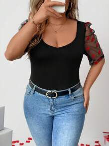 SHEIN LUNE Plus Size Women Heart Pattern Lace Patchwork Simple Fitted Blouse,Valentine - Black - View 1