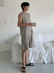 DAZY Men's Summer Letter Print Gray Vest & Shorts Lounge Wear Set Pajama - Grey - View 6